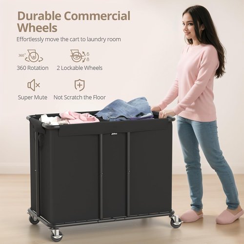 Hodonas Laundry Hamper - 2-Section 230L Heavy-Duty Rolling Basket with Silent Casters | Black, 31.5"L x 15.75"W x 30.7"H