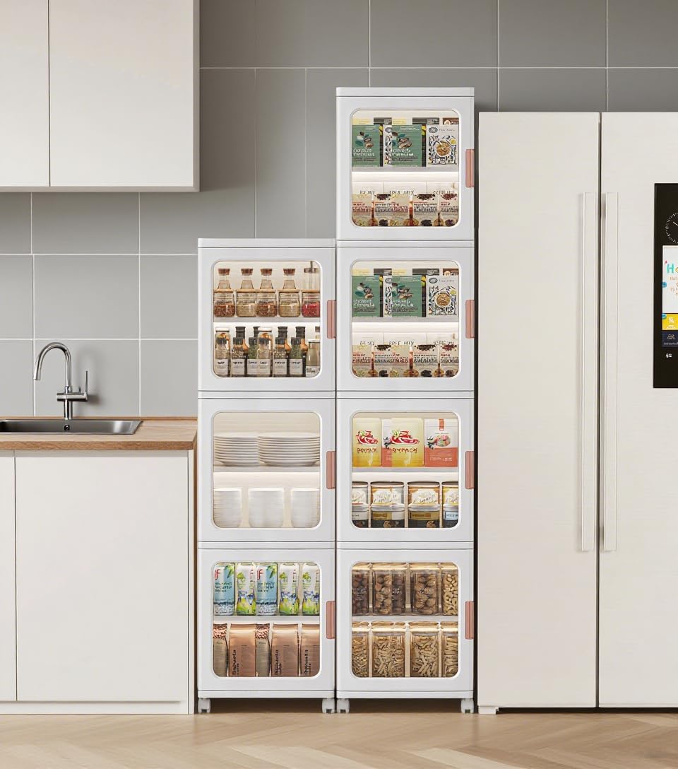 KINDLYF 4-Tier Narrow Storage Cabinet Foldable Plastic Bathroom Organizers with Magnetic Doors & Adjustable Shelves, Slim Storage for Small Spaces Pantry Kitchen Laundry Room Quick Assembly, White