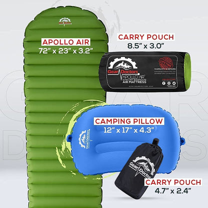 Gear Doctors Ultralight 17oz Apollo-Air Sleeping pad + Blue Anti Slip Camping Pillow Duo, 5.2 R-Value 4 Season Air Mattress with Ergonomic Ultralight Pillow The Size of A Soda Can
