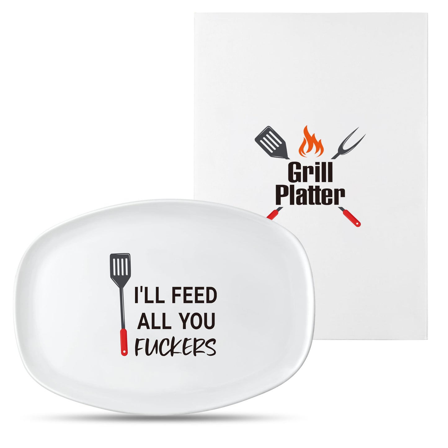 R HORSE Man Grill Platter - Man Themed Barbecue Serving Tray Plate White Oval Serving Dishes Dad Men Father Day Gift for Appetizers Desserts Charcuterie Outdoor Indoor Cooking Party