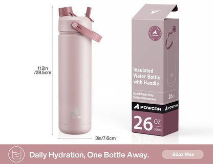 POWCAN 26 oz Insulated Water Bottle with 2-in-1 Straw and Spout Lid, Keep Cold 24H, Leak-Proof, Fits in Car Cup Holder, Stainless Steel Water Bottle for Sports, Travel, Gift and School (Cherry Meadow)