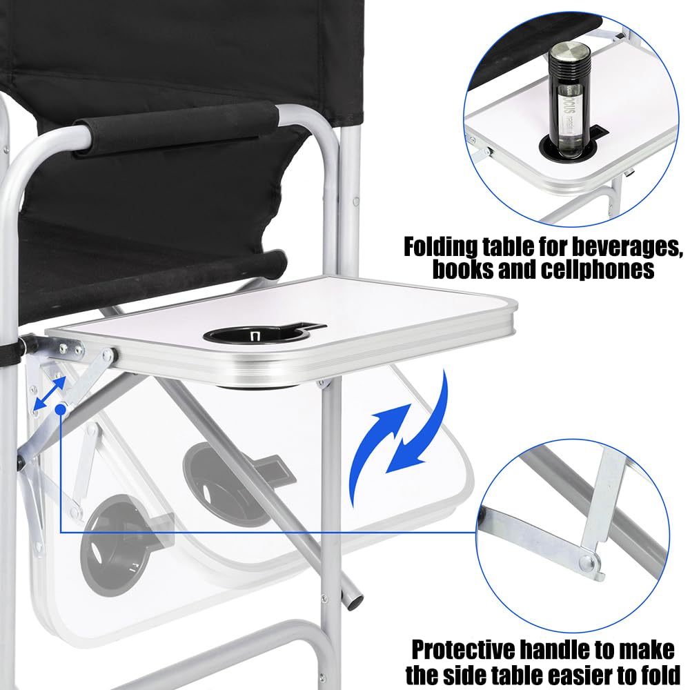 BRLJUNEO Makeup Artist Chair, 41'' Foldable Tall Directors Chairs w/Side Table Cup Holder Storage Bag and Footrest, Portable Makeup Chair, 400LBS Load Capacity, Black