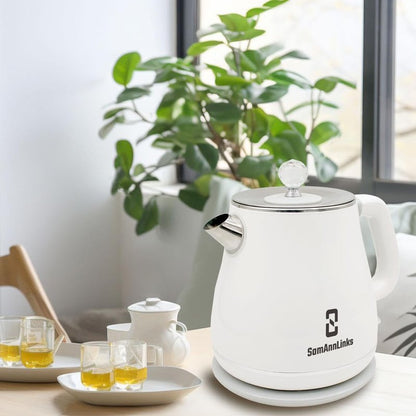 White 1.8L Electric Tea Kettle, Electric Kettle, Stainless Steel electric tea kettle for Fast Boiling Water, hot water Kettle, Double wall and Boil-Dry Protection with Auto-Shutoff.