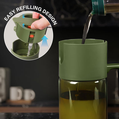 2-IN-1 500ml/17oz Light-Blocking Dark Oil Sprayer for Cooking with Sticker, Dark Green Glass Olive Oil Dispenser Bottle for Kitchen, Even Spray with Portion Control, Perfect for Air Fryer, BBQ - Black