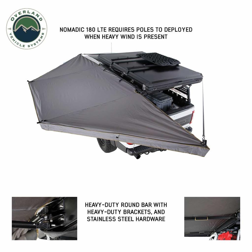 Overland Vehicle Systems 19609917 HD Nomadic 180 LTE Awning Universal | 59 Sq Ft of Coverage | Dark Gray Fabric with Black Travel Cover Included | Twist and Lock Technology | Heat-Sealed Seams