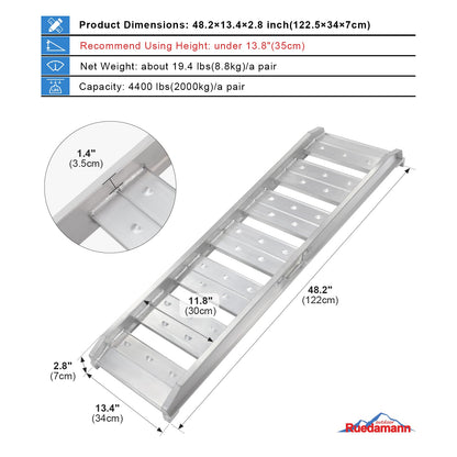 Ruedamann 4Ft Truck Ramps, 2 Pcs 4400 Lbs Total Capacity, Aluminum Trailer Ramp, Heavy-Duty ATV Ramps for Pickup Trucks, UTVs, Motorcycles, Lawn Mowers, Golf Carts