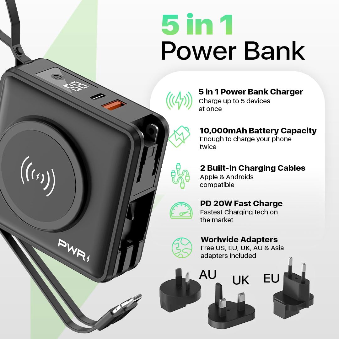 PWRMobile PWR Travel PRO 5-in-1 Power Bank with Case Included– 10,000mAh with Built-in Cables – 20W USB-C + 15W Wireless Charging – Compact Portable Charger for iPhone & Android- Black