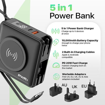 PWRMobile PWR Travel PRO 5-in-1 Power Bank with Case Included– 10,000mAh with Built-in Cables – 20W USB-C + 15W Wireless Charging – Compact Portable Charger for iPhone & Android- Black