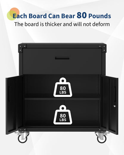 GarveeHome Rolling Tool Cabinet with Drawer | Heavy Duty Metal Garage Storage with Adjustable Shelf & Locks | Rust Resistant Wheels for Warehouse Workshop, Black