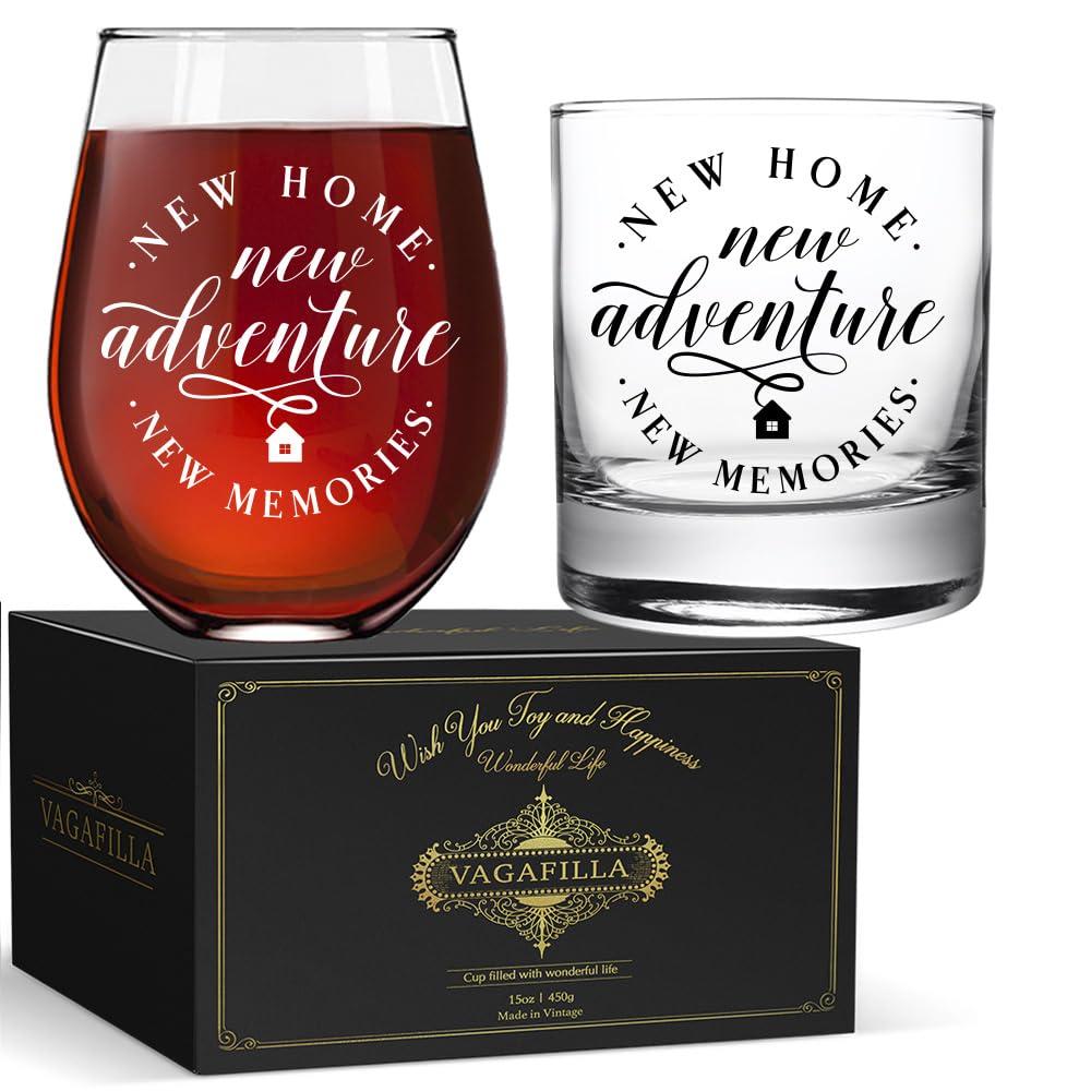 Vagafilla New Home New Adventure New Memories Stemless Wine & Whiskey Glass Gift Set 15oz, Funny Housewarming Gift for New Homeowner Hostess Realtor Clients Friends Bride Parent Groom Wine Lover-2