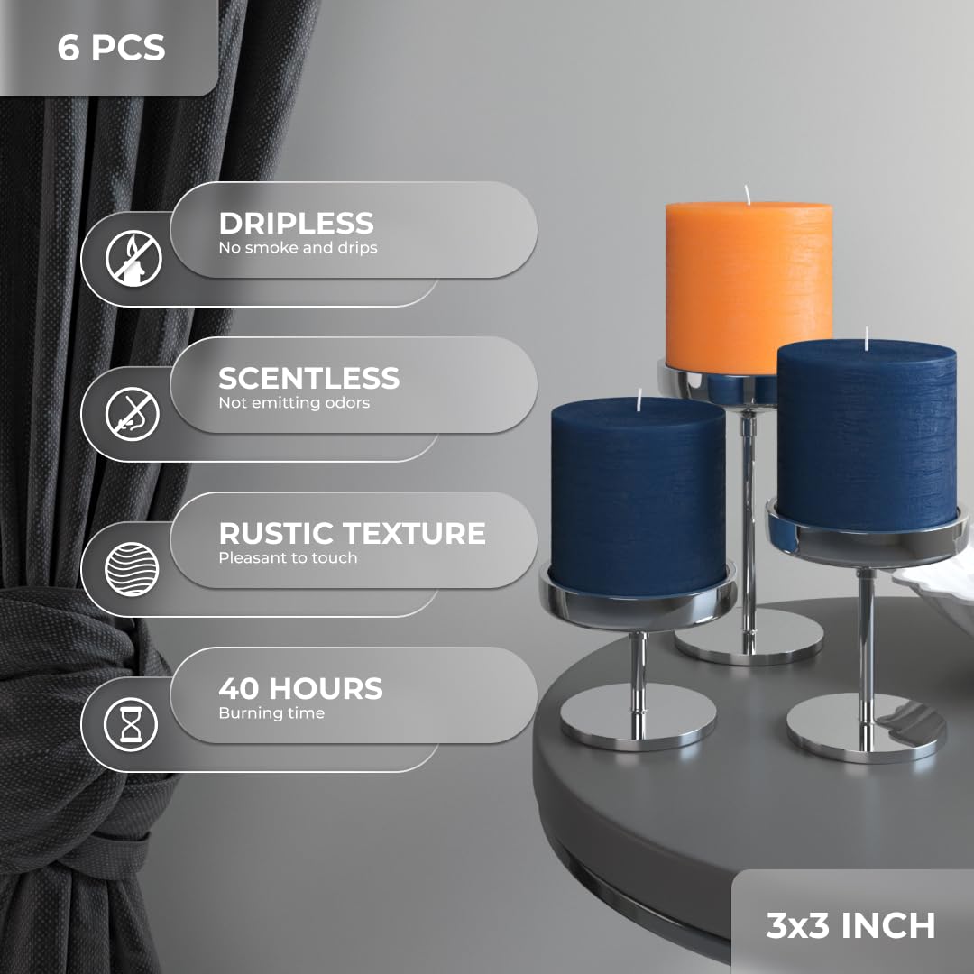 CANDWAX 3x3 Inch Dark Blue and Orange Pillar Candles Bundle - 3 Dark Blue and 3 Orange Candles - Unscented Decorative Candle - 6 Pack