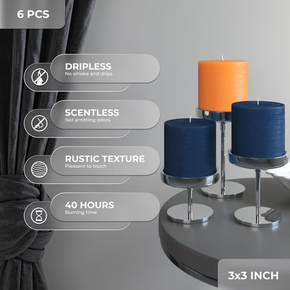 CANDWAX 3x3 Inch Dark Blue and Orange Pillar Candles Bundle - 3 Dark Blue and 3 Orange Candles - Unscented Decorative Candle - 6 Pack