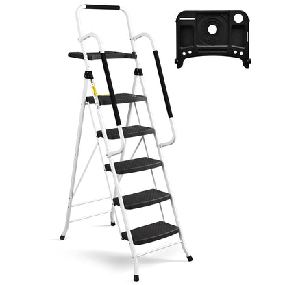 SocTone 5 Step Ladder with Handrails, Folding Step Stool with Tool Platform, Sturdy& Portable Steel Ladder for Adults, 330LBS Capacity Ladder for Home Kitchen Library Office, White