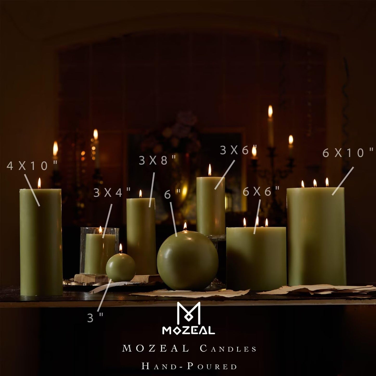 MOZEAL 3" x 6" Hand-Poured Unscented Candle, Dripless Pillar Candle Set of 3, Long Lasting Burning, Approx 120 Hours Burn Time, Rustic Country Style, for Wedding, Harvest Festival, Home Decor, Olive