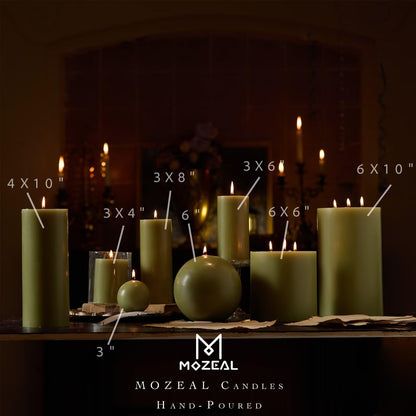 MOZEAL 3" x 6" Hand-Poured Unscented Candle, Dripless Pillar Candle Set of 3, Long Lasting Burning, Approx 120 Hours Burn Time, Rustic Country Style, for Wedding, Harvest Festival, Home Decor, Olive