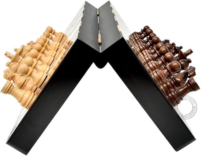 House of Chess - 10 Inch Wooden Magnetic Folding Travel Chess Set/Board with 2 Extra Knights 2 Extra Pawns 2 Extra Queens and Algebraic Notation - Handmade - Premium Quality