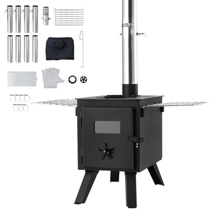 VEVOR Camping Wood Stove Alloy Steel Camping Tent Stove, Portable Wood Burning Stove with Chimney Pipes & Gloves, 1400in³Firebox Hot Tent Stove for Outdoor Cooking and Heating with 8 Pipes
