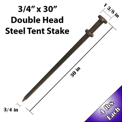 Moose Supply Double Head Tent Stakes, Heavy Duty Steel Outdoor Ground Spikes to Anchor Commercial Inflatables, Party Tents and Camping Shelters, 3/4 Inch x 30 Inch, Pack of 4