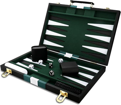 Backgammon Set - Classic Board Game with Premium Leather Case - Portable Travel Strategy Backgammon Game Set for Adults Kids - Suitable as (15inch Black)