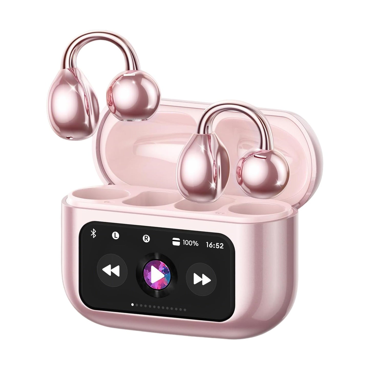 Piluyaa Clip-on Earbuds, Open Ear Earbuds with LCD Touchscreen Wireless Bluetooth 5.4, Lightweight M100 Open Ear Headphones with C-Shaped Bridge, Slim Hook,48H Battery, for Sports, Fitness (Pink)
