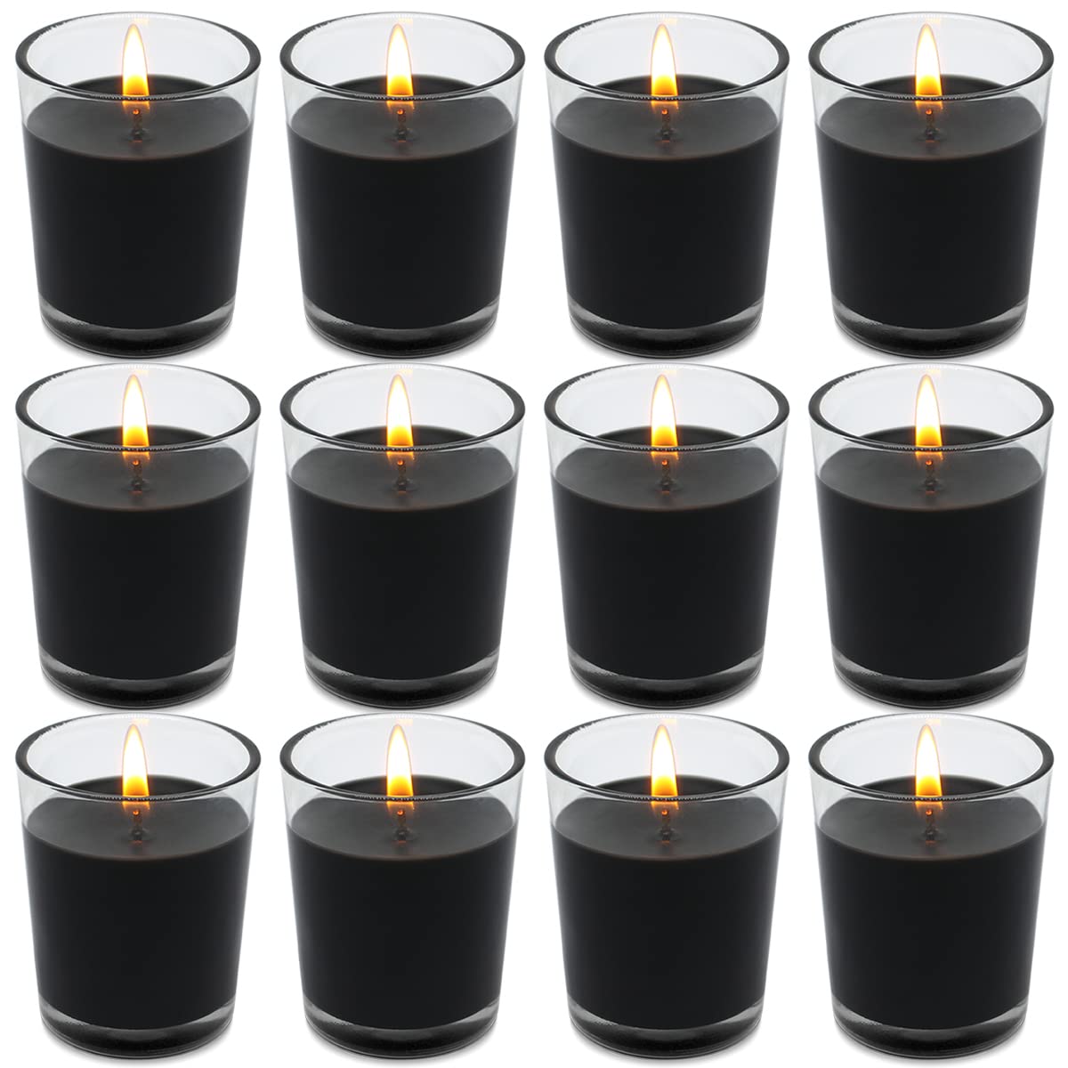 Set of 12 Black Votive Candles for Halloween Pumpkin, Clear Glass Filled Unscented Soy Wax Candle for Dinner, Parties, Home Decorations and DIY