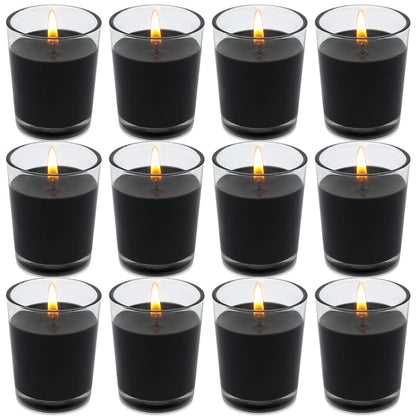 Set of 12 Black Votive Candles for Halloween Pumpkin, Clear Glass Filled Unscented Soy Wax Candle for Dinner, Parties, Home Decorations and DIY