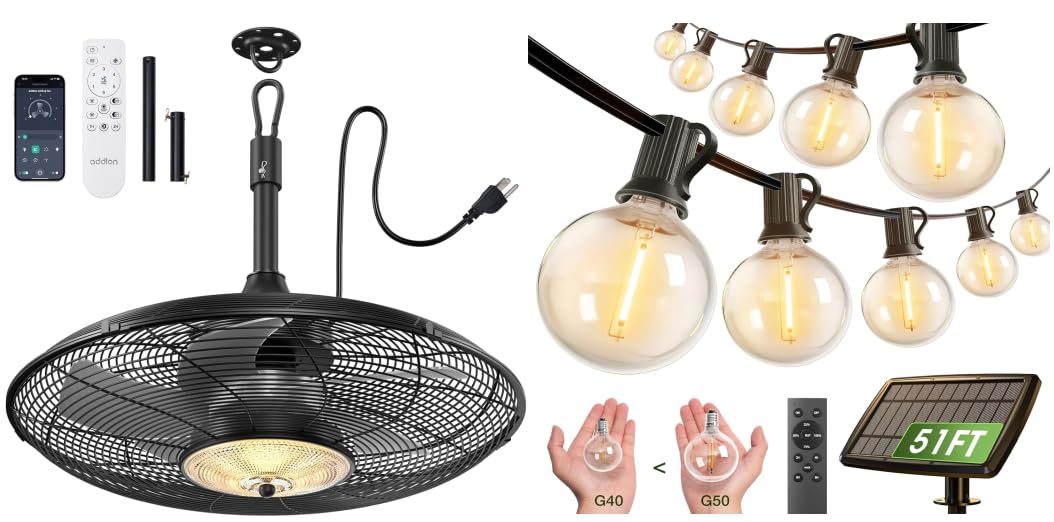 addlon 50FT Solar String Lights for Outside G50 Waterproof with USB Port Solar Patio Lights Outdoor Solar Powered LED Bulbs 3 Light Modes & 20 Inch Outdoor Ceiling Fans with Lights for Patios