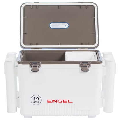 Engel UC19 19qt Leak-Proof, Air Tight, Fishing Drybox Cooler with Built-in Fishing Rod Holders, Also Makes the Perfect Small Hard Shell Lunchbox for Men and Women in White