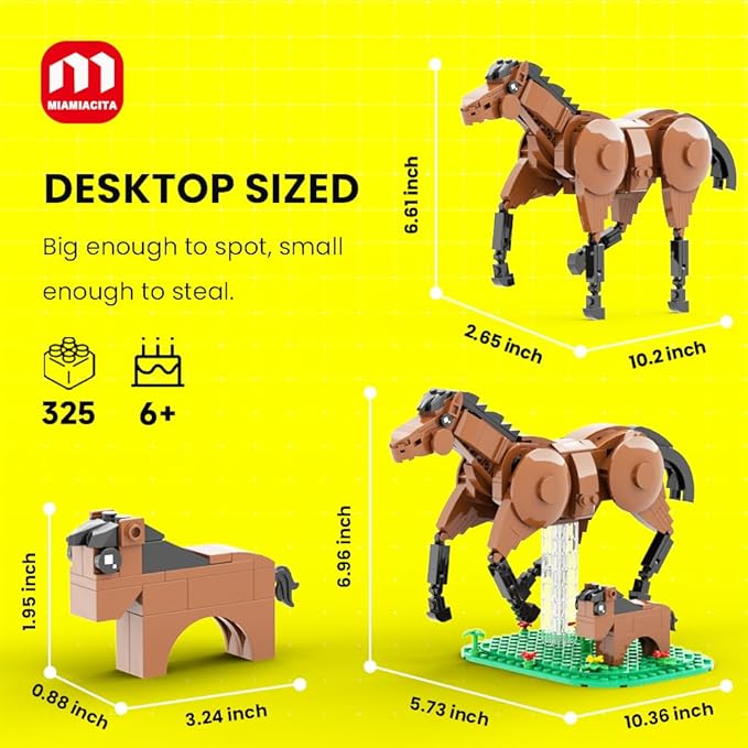 Horse Toys Building Set Realistic Horse Figurines 2-in-1 Mother &amp Foal Horse with Green Base Flowers &amp Grass Creative Animal Building Toy for Kids Ages 6+