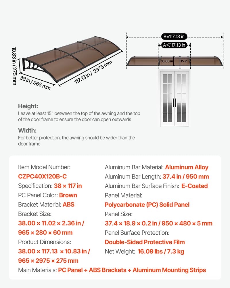 VEVOR Awnings for Door Entrance, 38" x 117" Window Door Awning Canopy Exterior with Drainage & ABS Bracket, Polycarbonate Cover Patio Door Awnings for Sun, UV, Rain, Snow Protection（Brown）