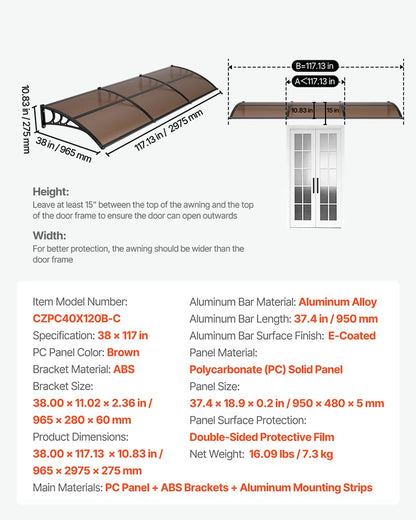 VEVOR Awnings for Door Entrance, 38" x 117" Window Door Awning Canopy Exterior with Drainage & ABS Bracket, Polycarbonate Cover Patio Door Awnings for Sun, UV, Rain, Snow Protection（Brown）