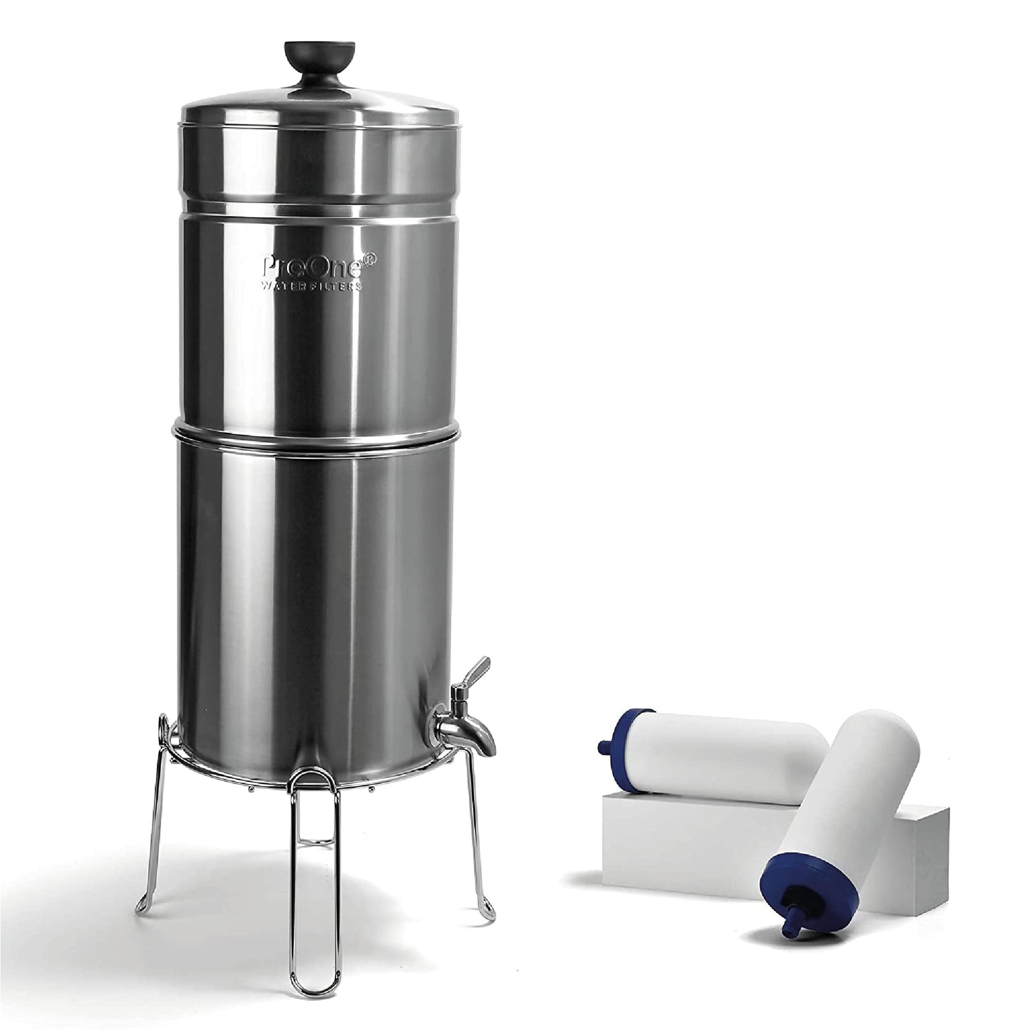 ProOne Big+ Gravity Water Filter System High Capacity Countertop Stainless Steel Water Filter Dispenser IAPMO Certified to Reduce Lead, Total PFAS, Microplastics, Chlorine Taste & Odor, 2 Pack Filter