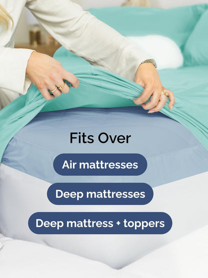 Skiennix Extra Deep Split King Sheet Set - 7 Piece Breathable Cooling Bedding - Soft Wrinkle-Free Spa Blue