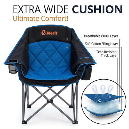 EMERIT 2 Pack Oversized Padded Camping Chairs, Heavy Duty 450 LBS Capacity Outdoor Folding Quad Chair with Cup Holder, Portable for Camping, Tailgating, Sports, Backyard & Patio, Black