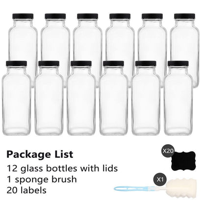 GUANENA 12 Pack Glass Drink Bottles, 12 OZ Vintage Square Water Bottles with Lids, Juice Bottles Beverages Containers for Milk, Kombucha, Smoothies