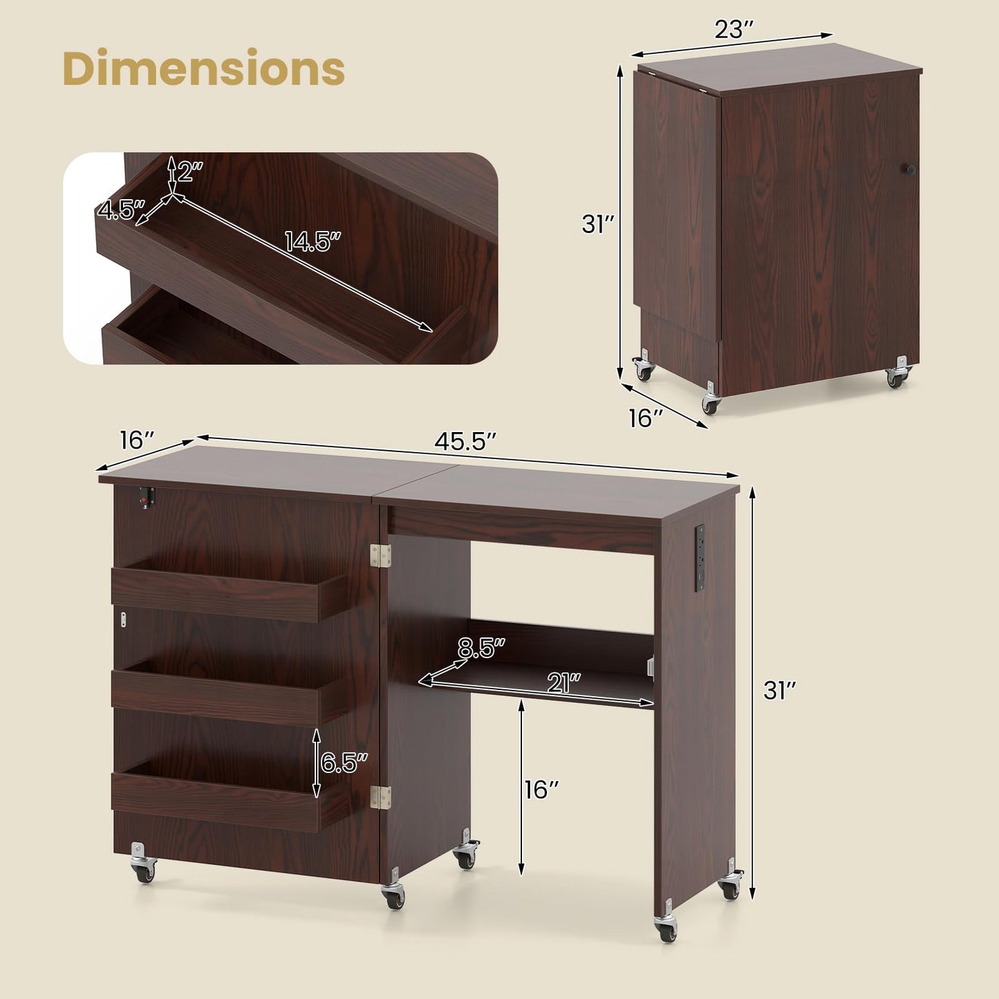 Nightcore Folding Sewing Table, Multipurpose Craft Table with Charging Station, Lockable Casters, Rack and Storage Shelves, Space-Saving Cart, Sewing Desk Cabinet for Living Room Home Studio