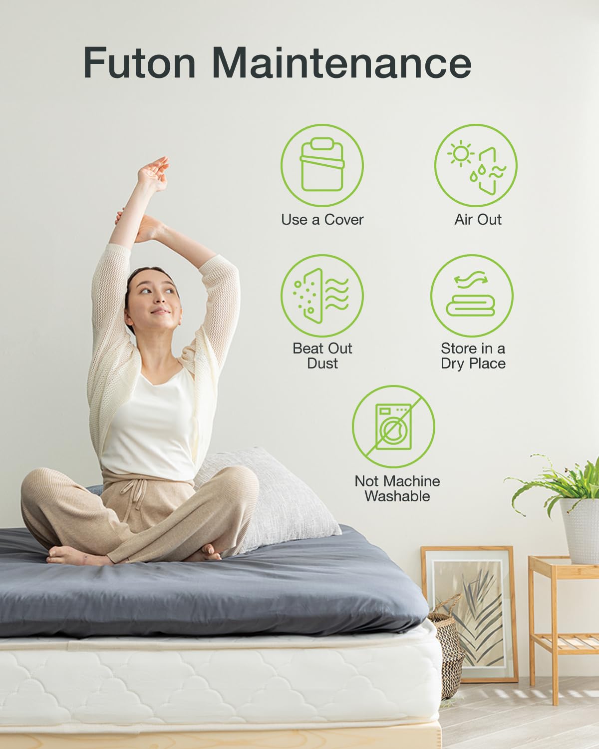 FULI Japanese Futon, Twin XL Size, White - Foldable Shikibuton Floor Bed - Medium Firm Quilted Cotton Sleeping Pad, Portable Roll-Up Japanese Floor Bed for Guests & Small Spaces