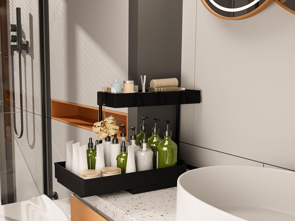 Nature's Source Under Sink Organizer - 2 Tier Sliding Storage Basket for Kitchen & Bathroom | Black