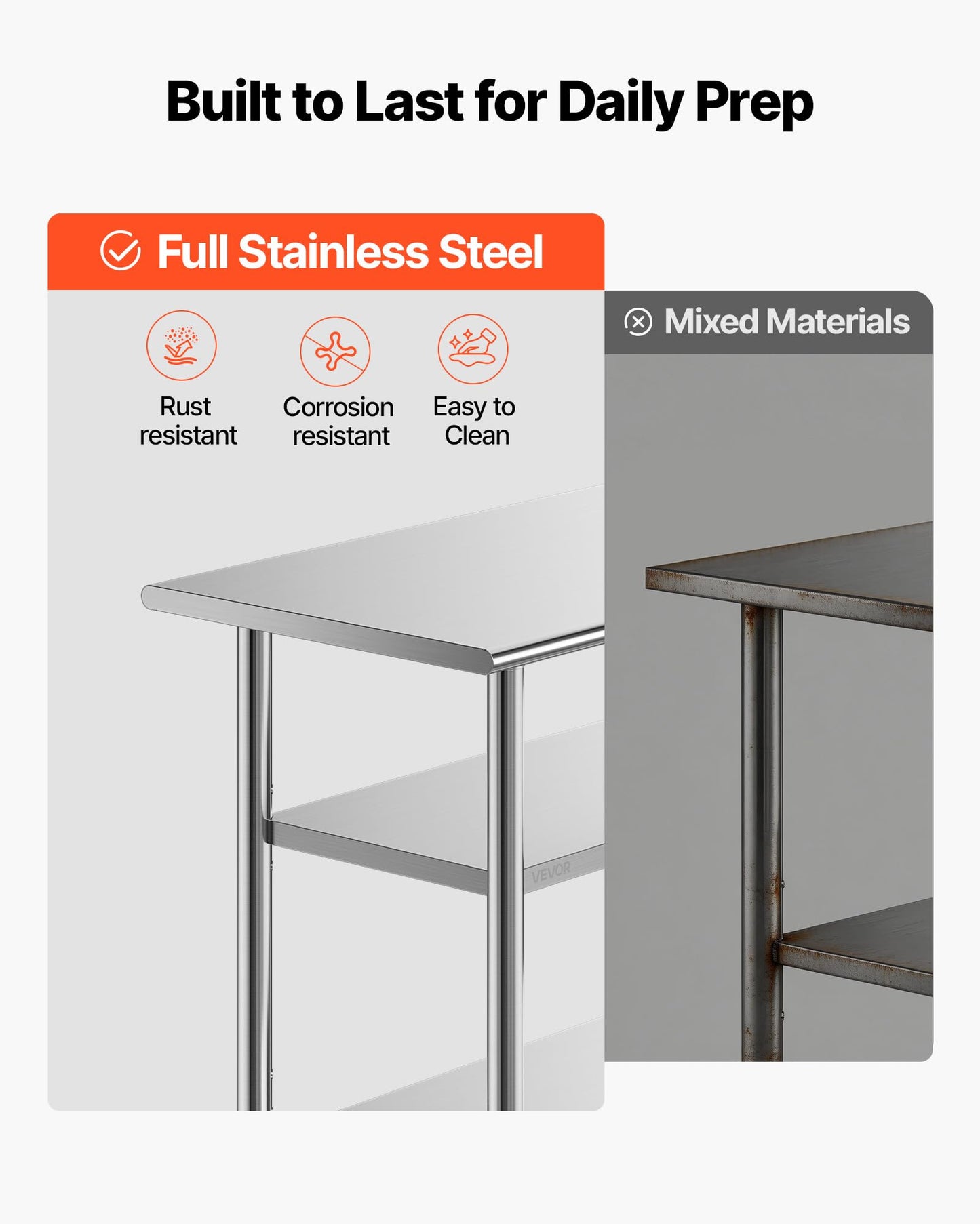 VEVOR Stainless Steel Work Table, 24x48 Inch Food Prep Table with 2 Shelves, Commercial Kitchen Workstation, Metal Heavy Duty Utility Worktable, for Restaurant Home Hotel Garage Outdoor