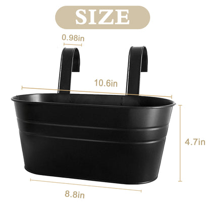 XXFBJNMD 5 Pack 10.6 Inch Metal Hanging Flower Pot Oval Metal Railing Planter Balcony with Detachable Hook Indoor Outdoor Decor for Railing Fence Balcony Garden （Black）