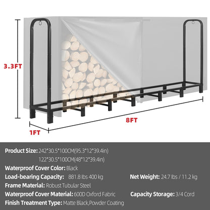 Kendane 8FT Firewood Rack Outdoor with Cover, Heavy Duty Adjustable Firewood log Storage & Holder, Wood Pile Lumber Storage Rack Stacking Outside for Courtyard Patio.