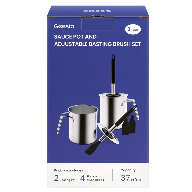 Geesta Adjustable Sauce Pot and Basting Brush Set, Long Stainless Steel Basting Brush for Cooking, Smoking, Fathers Day Grilling Gifts for Men Smoker Accessories, Large Capacity Grilling Tools, 2 Pack