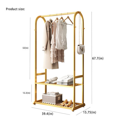 BUZUEY Gold Clothing Rack,Metal Garment Rack with Bottom Storage Shelves and 6 Side Hooks,modern Sturdy clothes racks for hanging clothes,Freestanding Wardrobe Rack for Bedroom or Boutique (L:39.4IN)