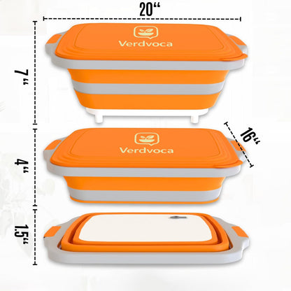 Verdvoca 1 Piece XXL & 2Pcs XL Collapsible BBQ Prep Tubs/Cutting Board with Lids for Fruit Prep & Washing, Meal Marinating and Food Storage (16L Orange +30L Black+16L Black)