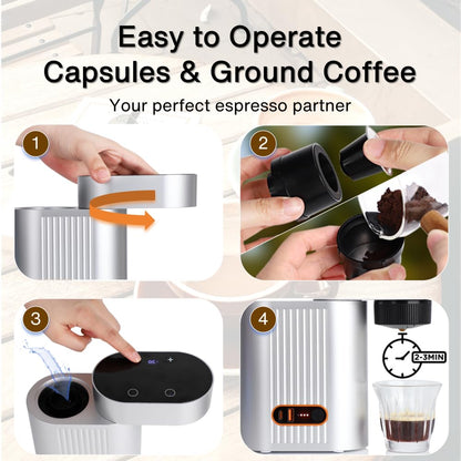 Hxro Portable Espresso Coffee Maker, 20 Bar, 80ml Stainless Steel Water Tank, Rechargeable Espresso Machine for Capsule & Ground, Compact Coffee Machine for Travel RV Car Camping (Silver(13500mAh))