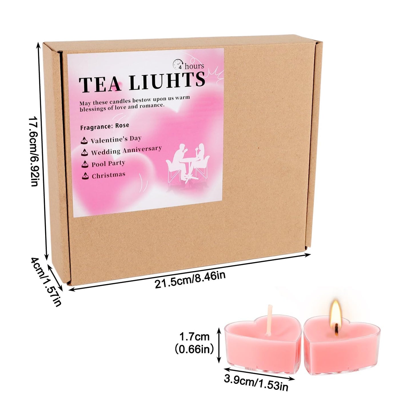 50Pcs Valentines Day Tealight Candles Rose Scented in Clear Cup,Love Pink Wax Votive Candle for Valentine's Day,Home Decor,Wedding, Anniversary, 4Hours Heart Shaped