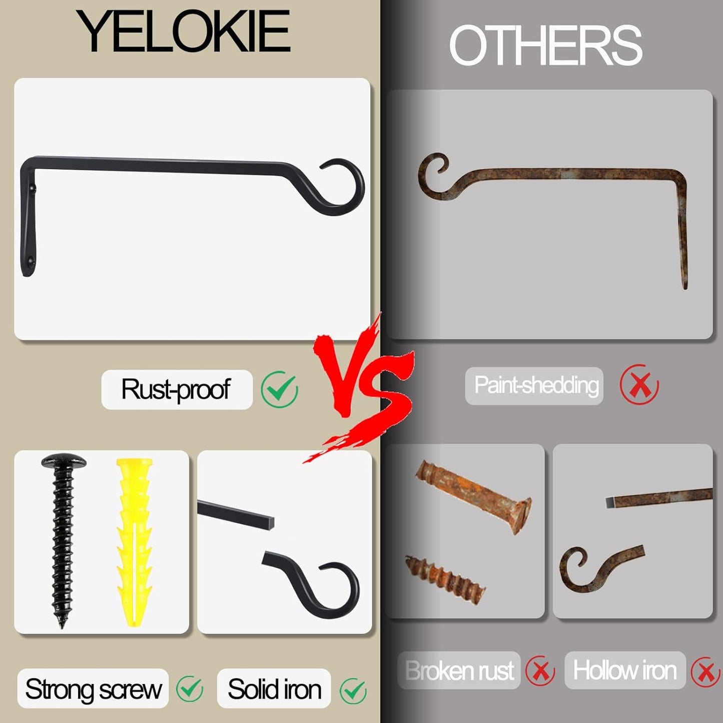 AILIN YELOKIE Premium Forged Wall Hooks - Sturdy 12-Inch Brackets for Plants & Lanterns | Elegant Black Finish
