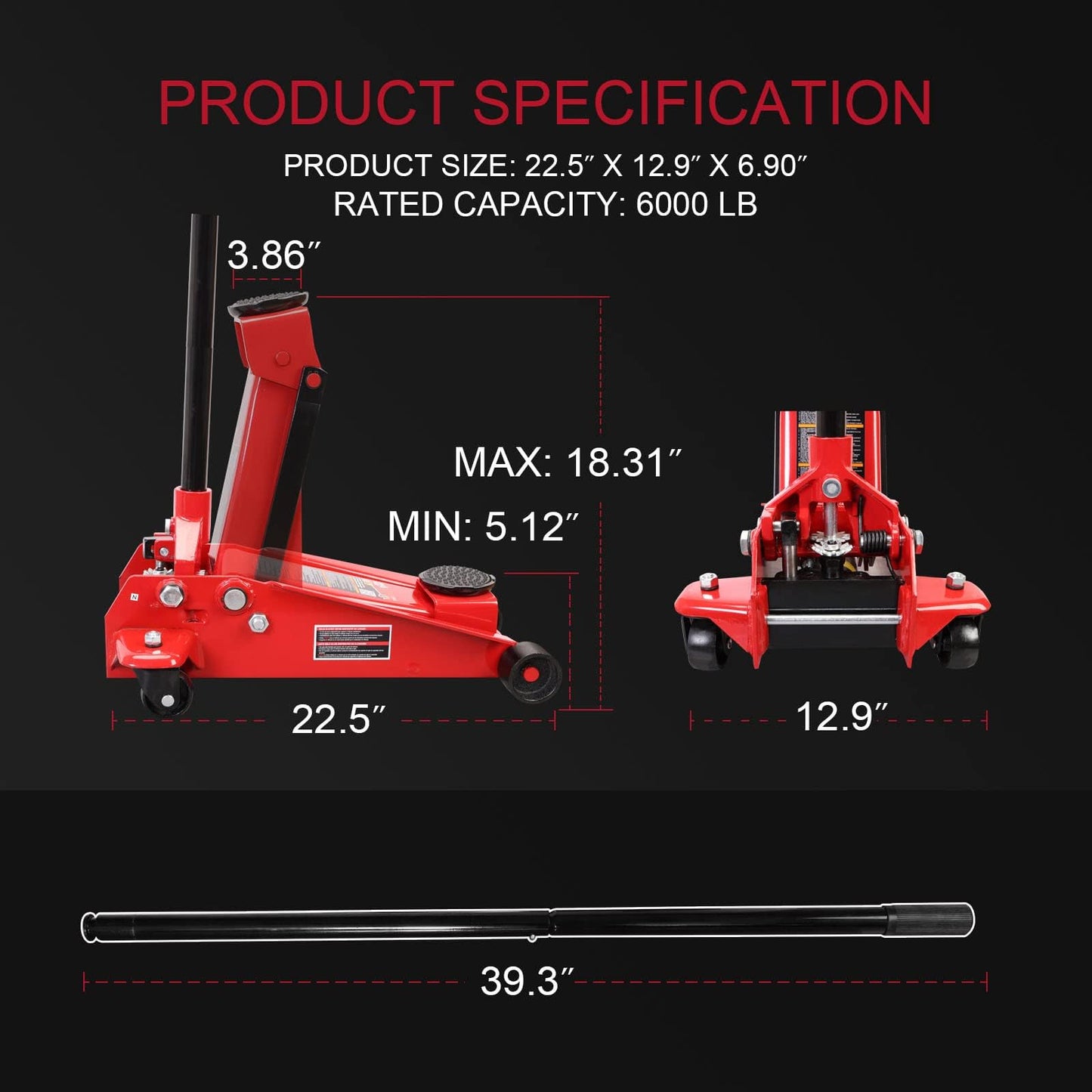Big RED 3-Ton Heavy Duty Hydraulic Floor Jack, Dual Pump Quick Lift with Low Profile Design, 6600LBS Capacity for All Terrain Vehicles,Red
