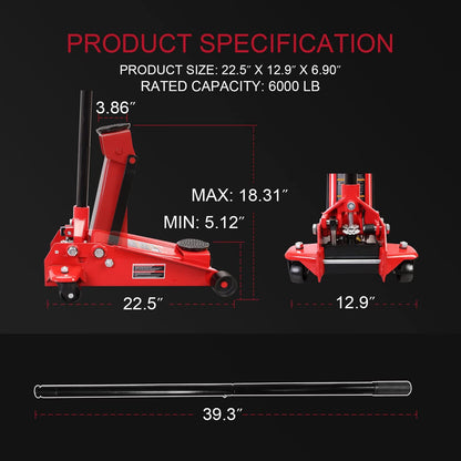 Big RED 3-Ton Heavy Duty Hydraulic Floor Jack, Dual Pump Quick Lift with Low Profile Design, 6600LBS Capacity for All Terrain Vehicles,Red