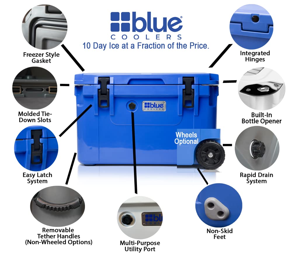 Blue Coolers Ark Series with Wheels 110 Quart, Roto-Molded Ice Cooler | Large Ice Chest Holds Ice up to 10 Days | (Blue)